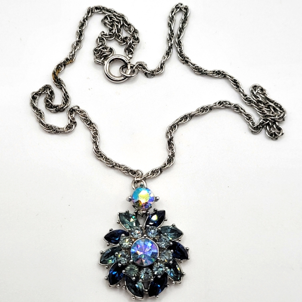 VTG "Crown" Trifari Pendant Necklace | Siver Tone, Shades of Blue | SIGNED